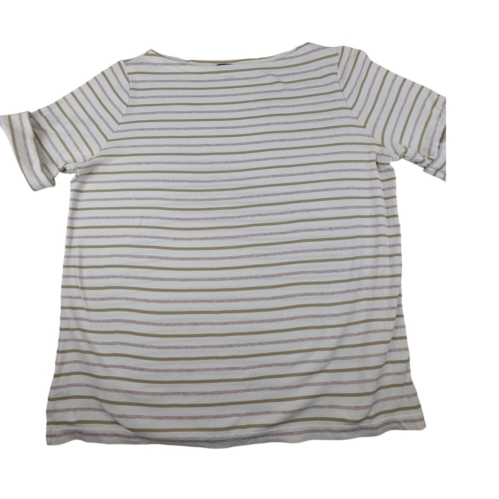 Lauren Ralph Lauren Womens 1X Striped Boat Neck Ribbed Top Short Sleeve Pink Tan